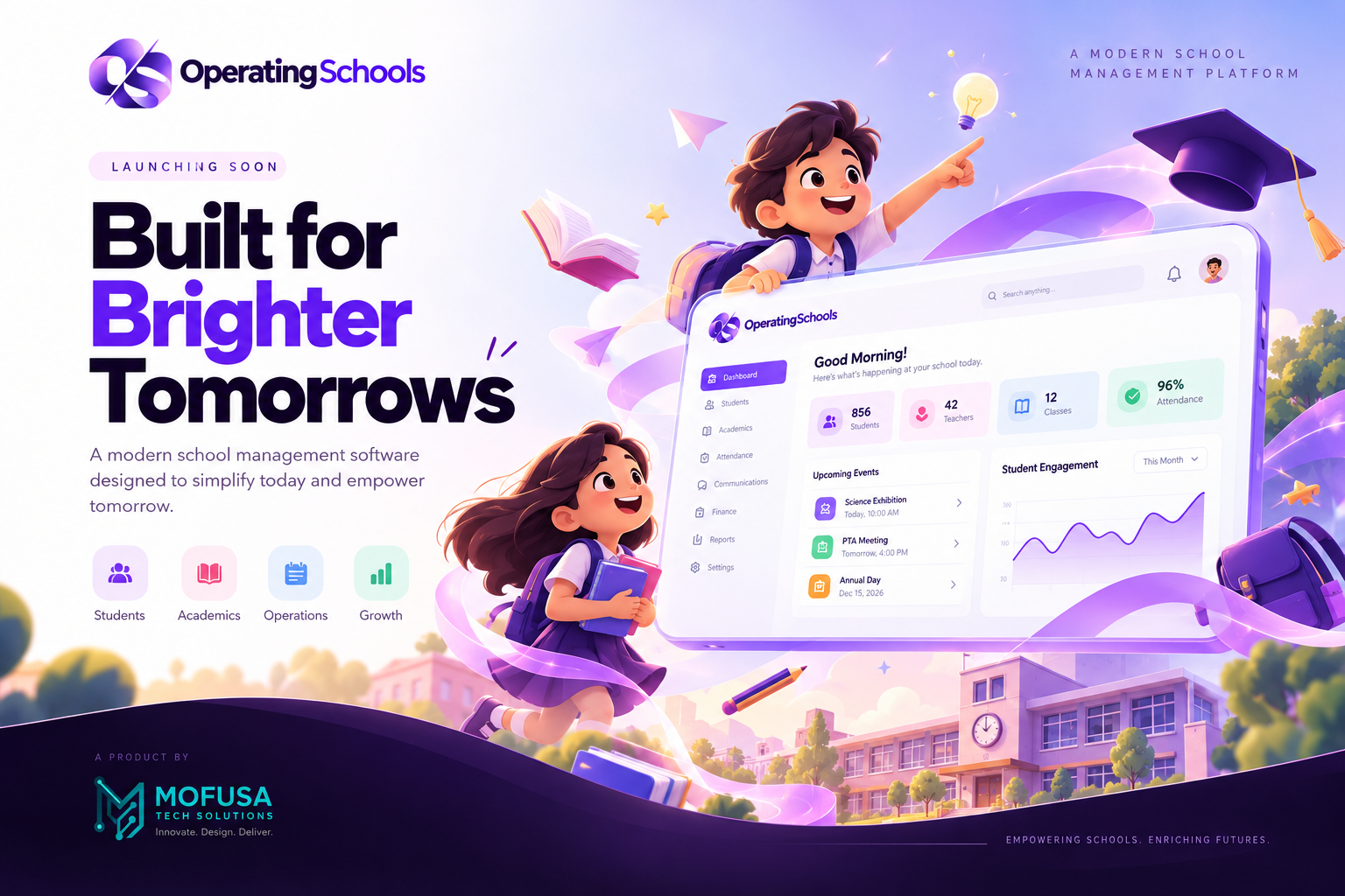 Cheerful students alongside a school management dashboard illustration
